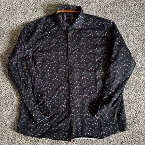 Elite Serica Bird Print Button Up Shirt Men XXL Black Artistic Nature Cotton